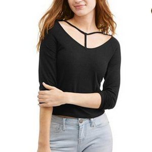 NEW Juniors POOF Black Caged V Neck Top Medium